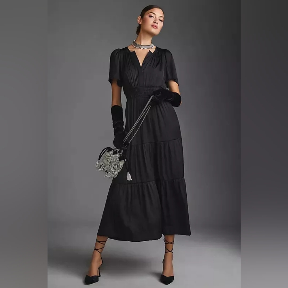 Anthropologie Somerset Satin Tiered Maxi Dress- Beautiful Details & Romantic